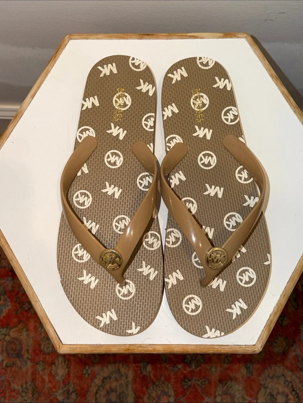 Michael Kors Brown MK Logo Flip Flop Sandals with Gold Emblem